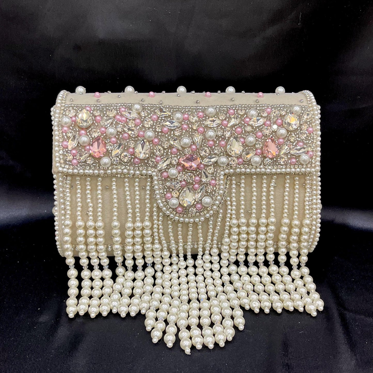Handmade Pearl & Crystal Beaded Clutch Bag | Grey & Ivory Bridal Purse with Fringe | Wedding Evening Handbag | Luxury Party Clutch