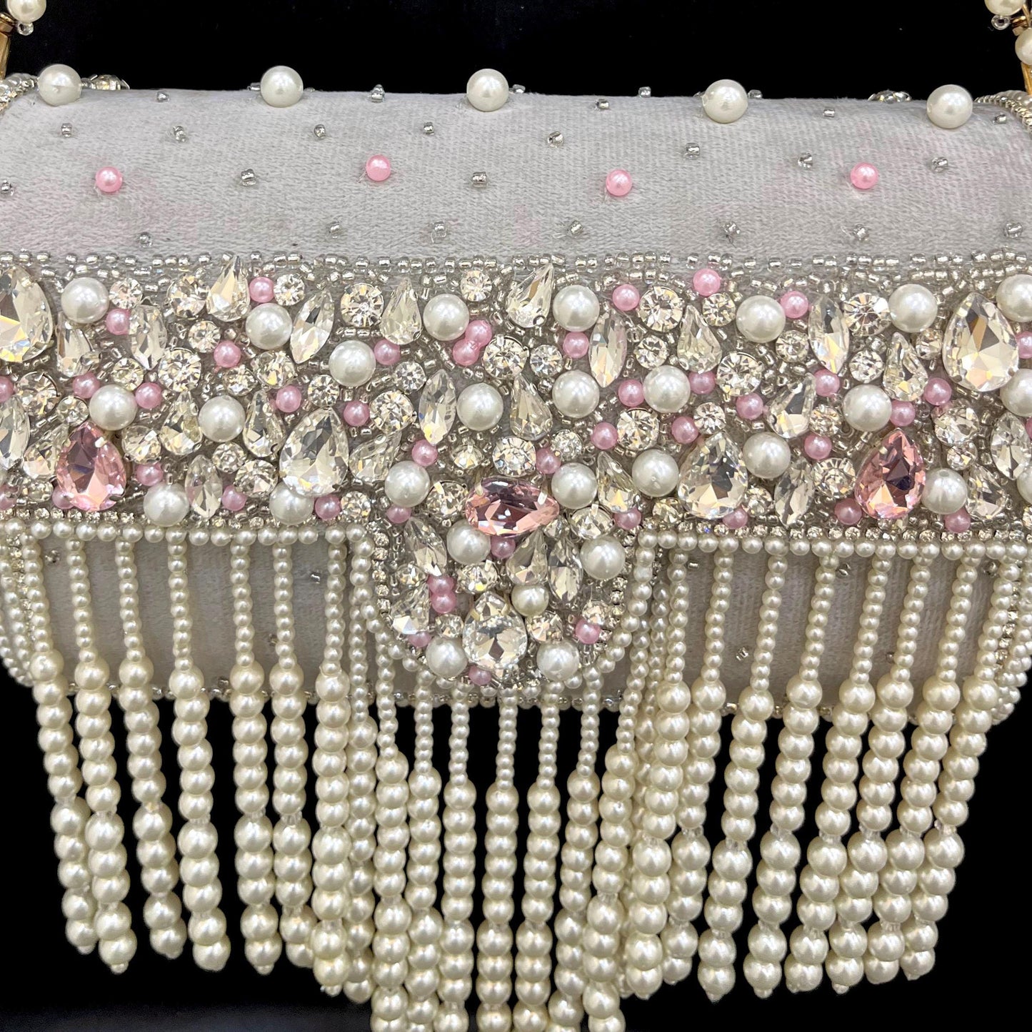 Handmade Pearl & Crystal Beaded Clutch Bag | Grey & Ivory Bridal Purse with Fringe | Wedding Evening Handbag | Luxury Party Clutch