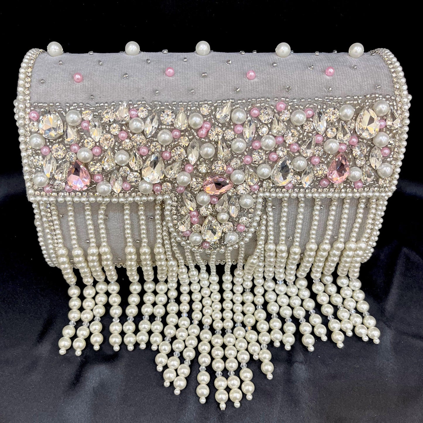 Handmade Pearl & Crystal Beaded Clutch Bag | Grey & Ivory Bridal Purse with Fringe | Wedding Evening Handbag | Luxury Party Clutch