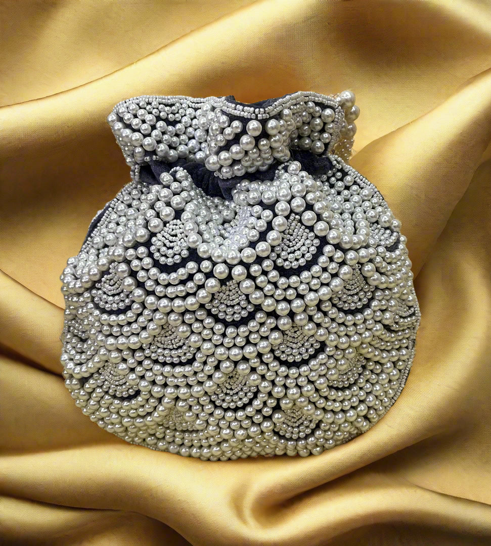 Handmade Gray Pearl Beaded Potli Bag | Bridal Wedding Clutch Purse | Grey Drawstring Handbag | Bridesmaid Gift & Party Evening Bag
