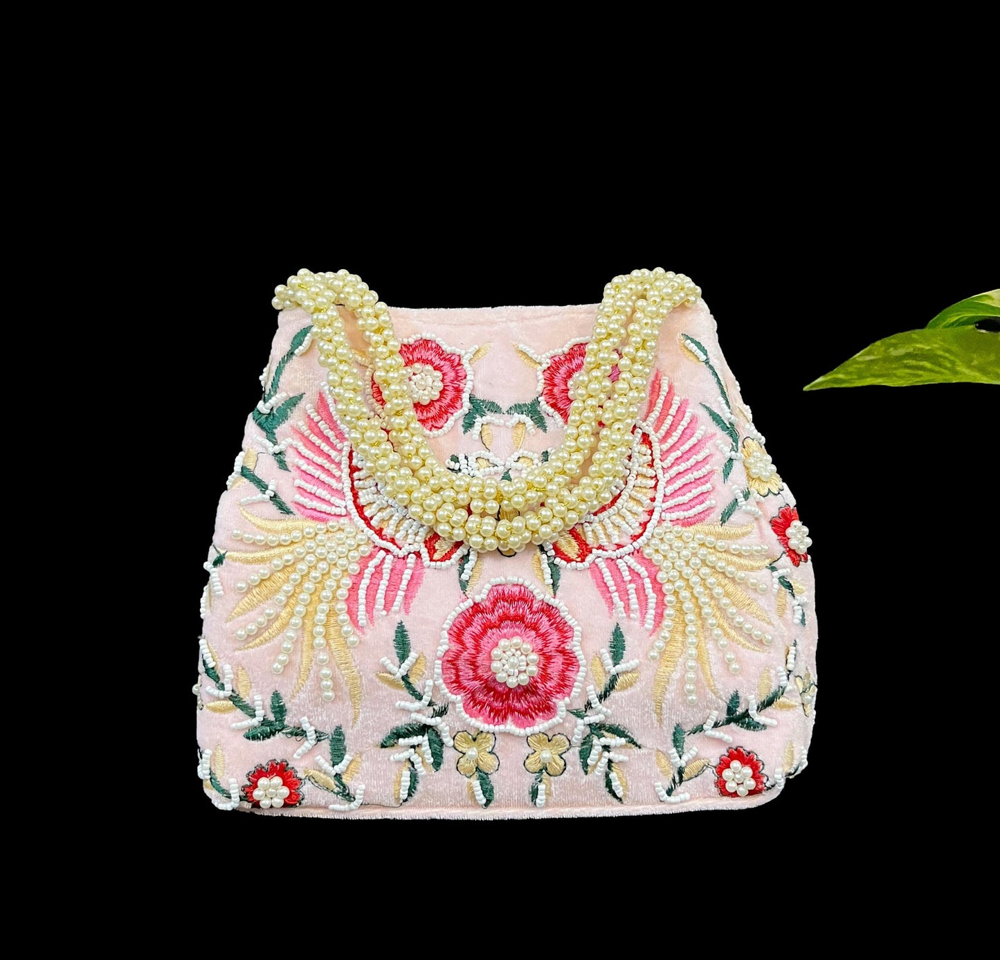 Hand Embroidered Pink Velvet Potli Bag: Pearl Handle Clutch