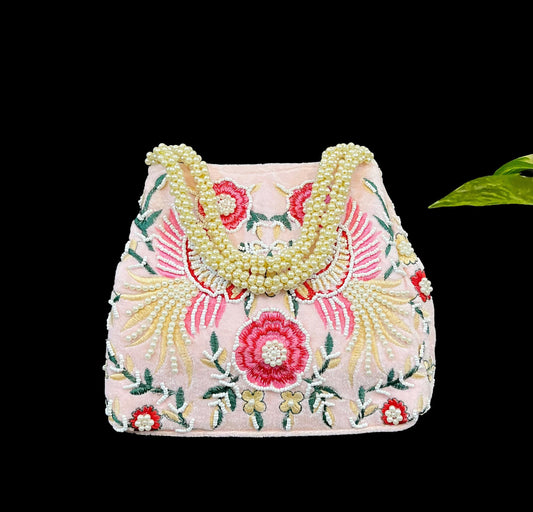 Hand Embroidered Pink Velvet Potli Bag: Pearl Handle Clutch