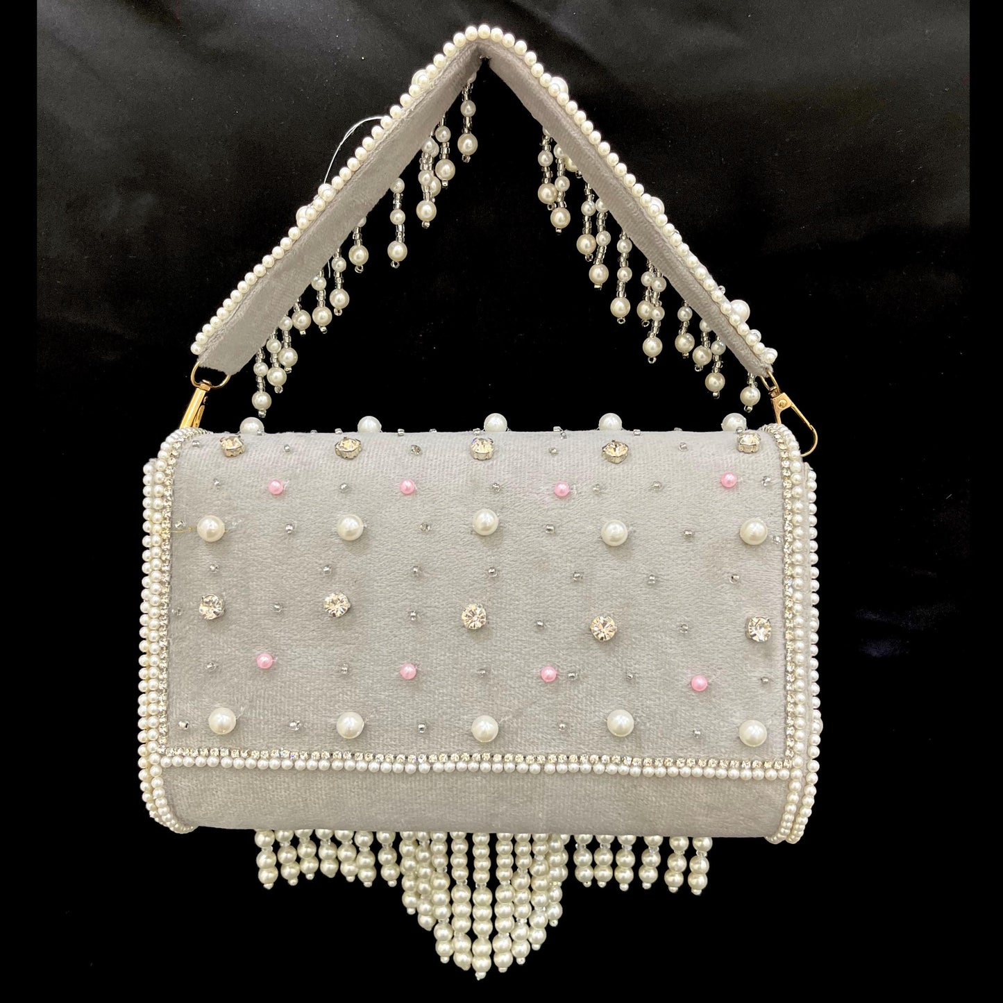 Handmade Pearl & Crystal Beaded Clutch Bag | Grey & Ivory Bridal Purse with Fringe | Wedding Evening Handbag | Luxury Party Clutch