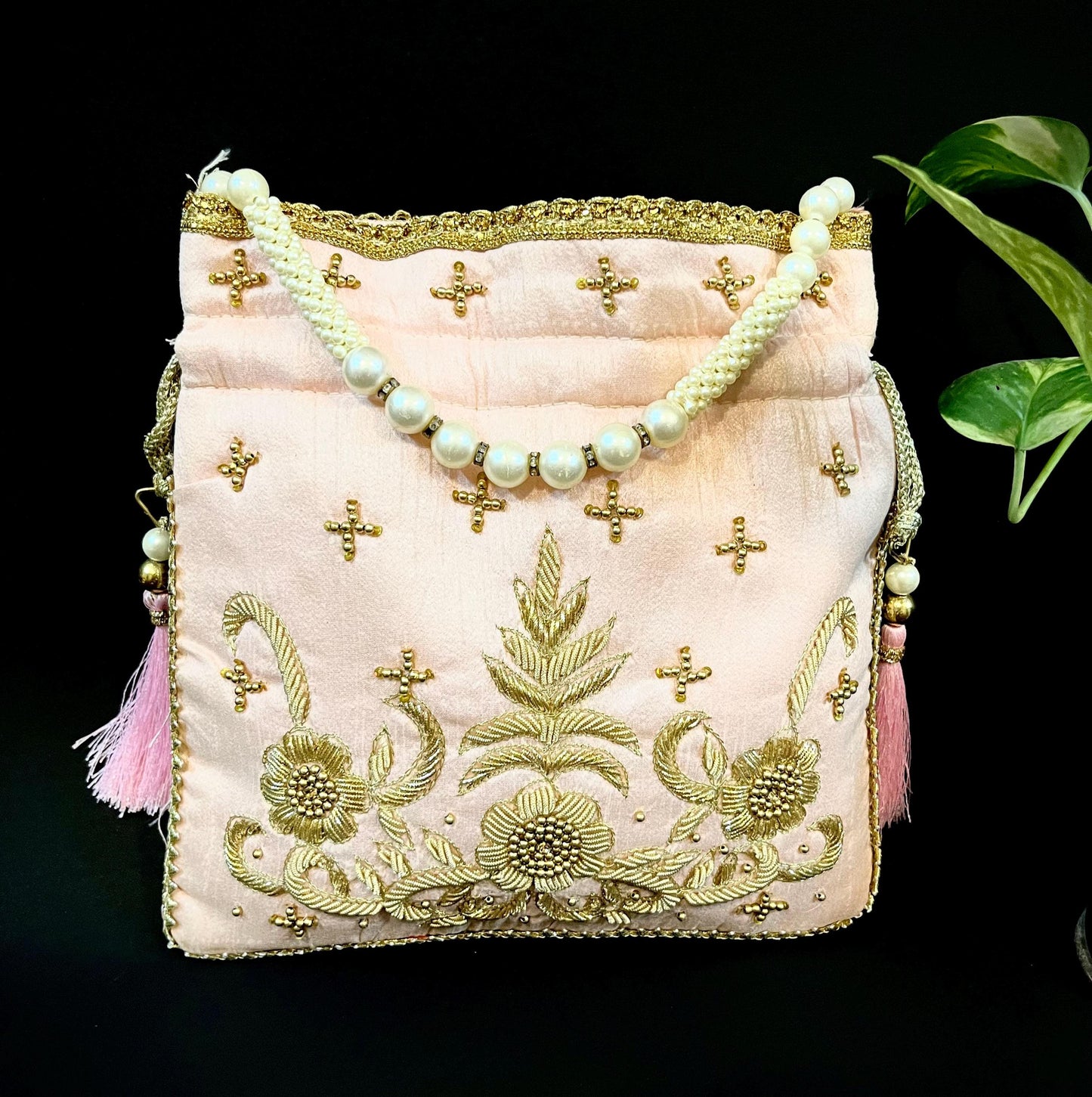 Blush Pink Handmade Potli Bag with Pearl Handle | Embroidered Bridal Clutch Purse | Wedding & Party Drawstring Handbag | Bridesmaid Gift Bag