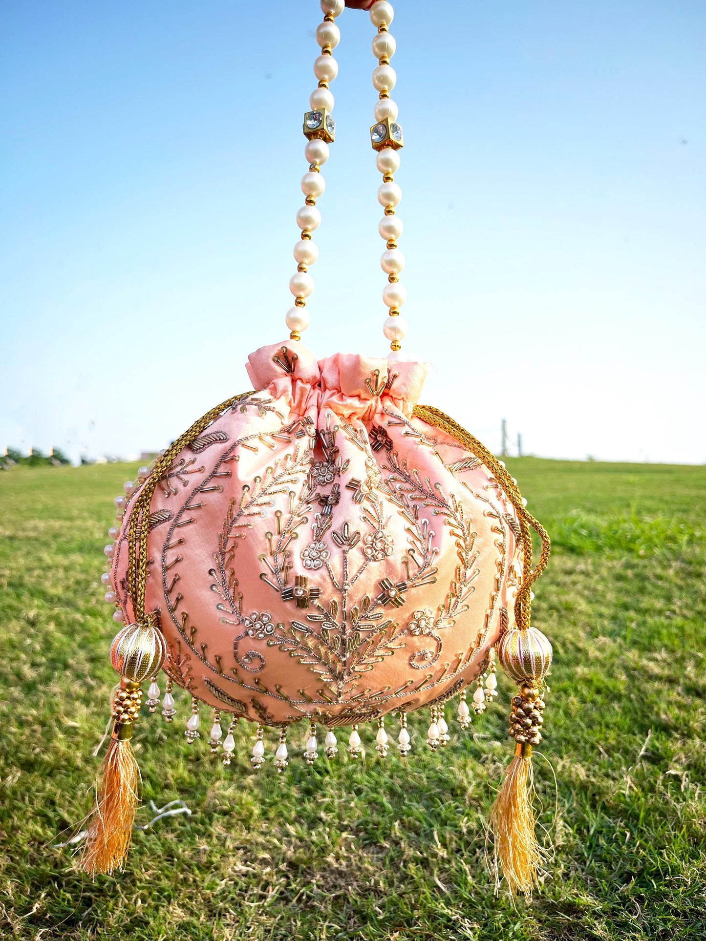 Peach Pink Potli Bag | Indian Embroidered Clutch | Wedding & Bridal Purse | Hand embroidered
