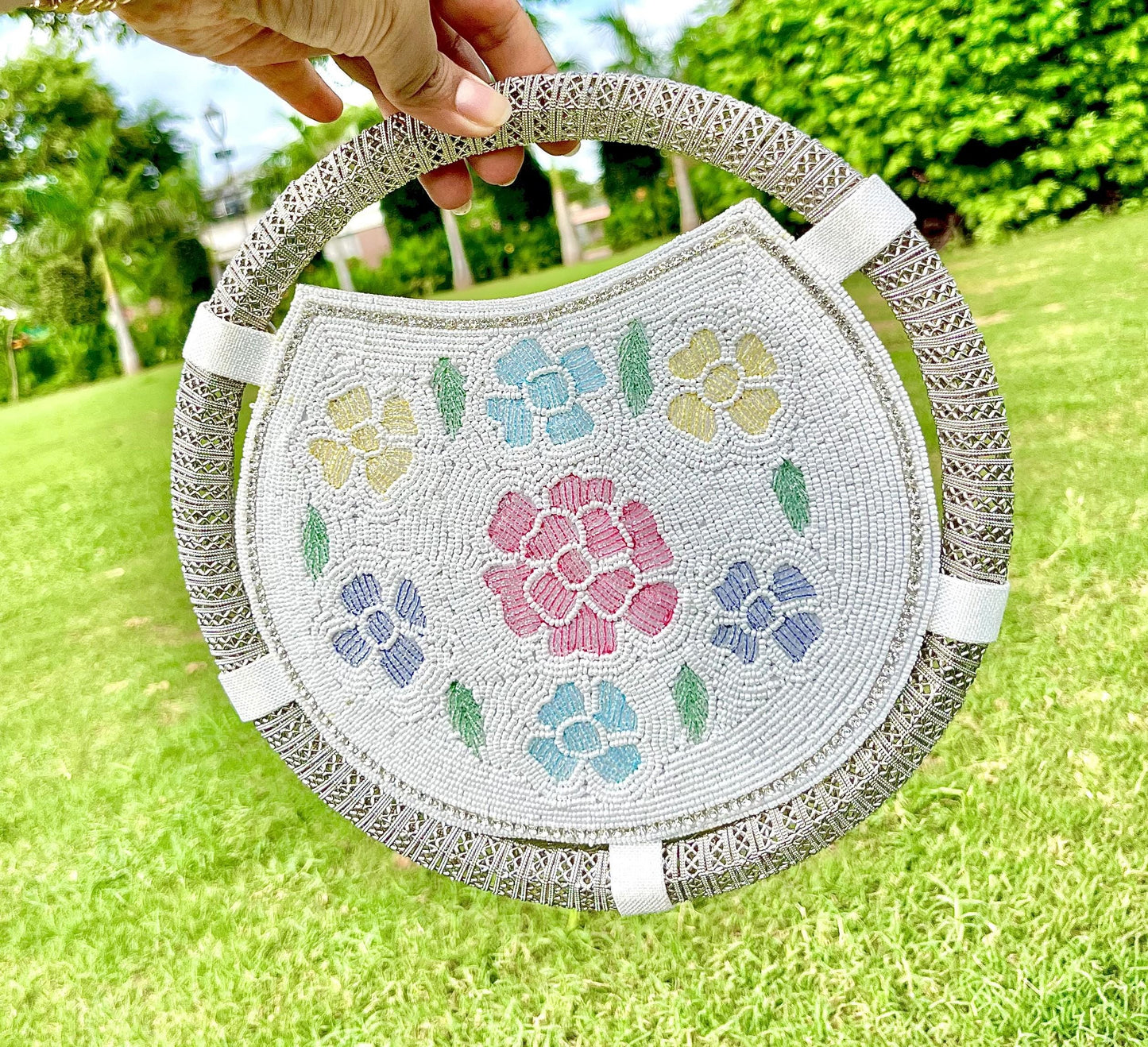 White Beaded Floral Handbag: Round Wedding Clutch with Sling Chain