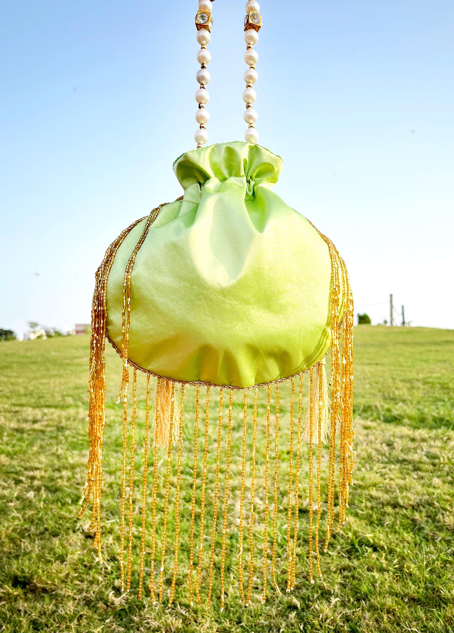 Hand-Embroidered Green Potli Bag with Pearl Handle | Green Zardosi Potli Bag | Beaded India | Bridsl potli pursen Wedding Favor Purse