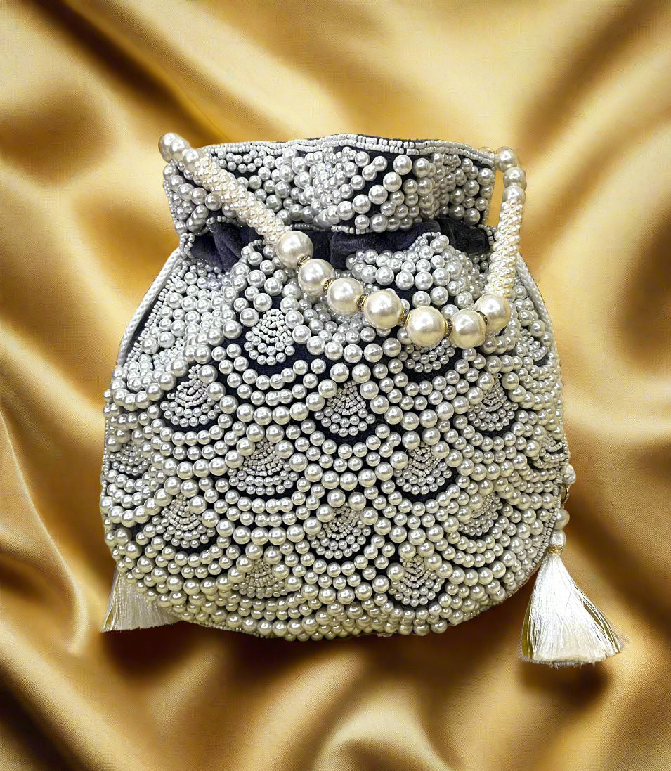 Handmade Gray Pearl Beaded Potli Bag | Bridal Wedding Clutch Purse | Grey Drawstring Handbag | Bridesmaid Gift & Party Evening Bag