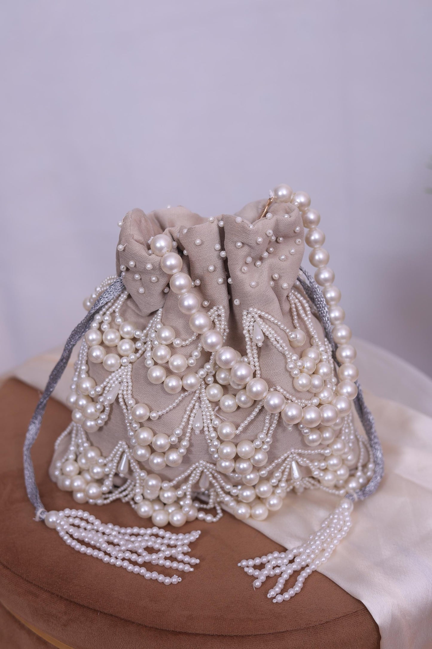 Luxury Pearl Beaded Potli Bag -Both Side| Handcrafted Beige Evening Clutch | Indian Wedding Purse | Bridal Party Bag | Handmade Gift for Her