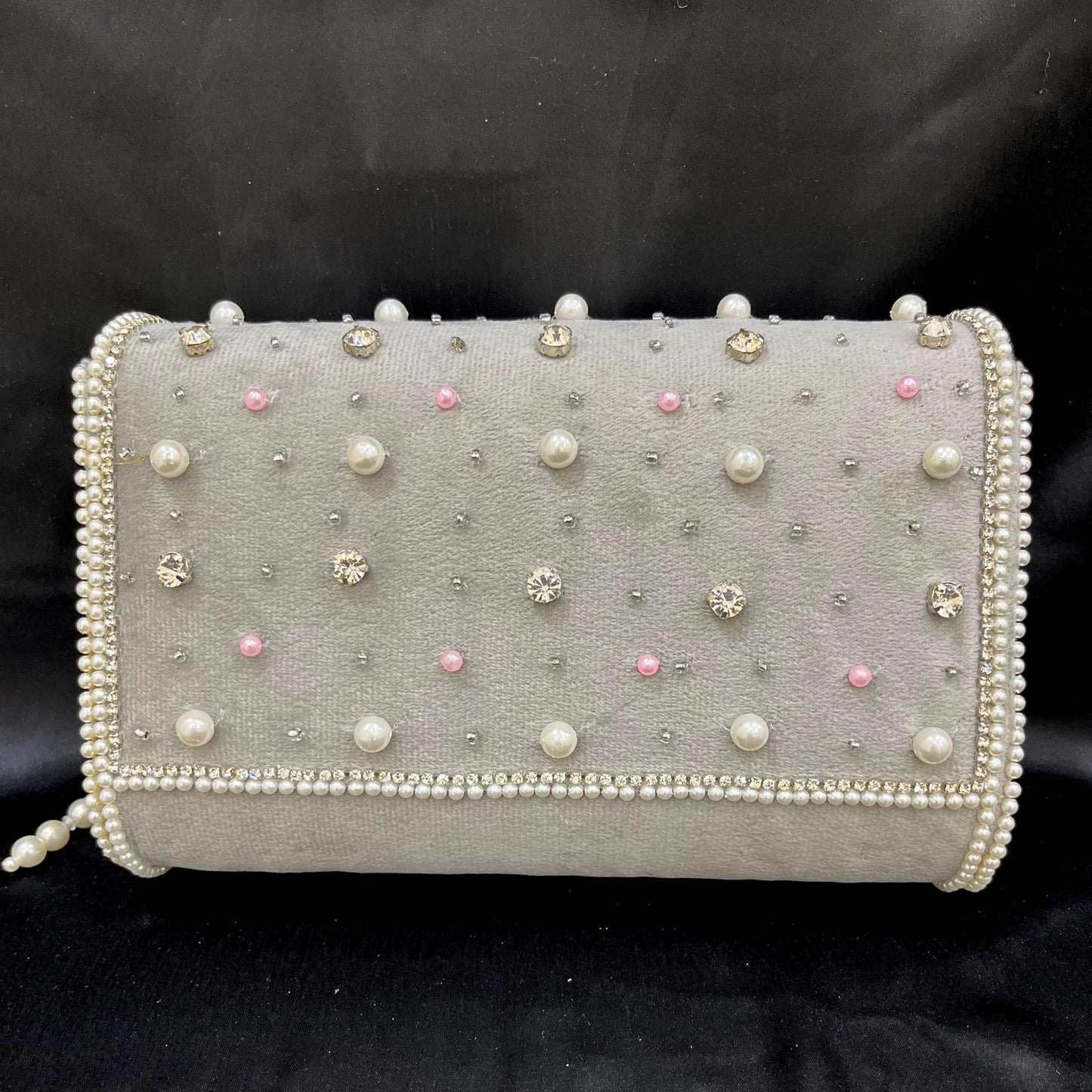 Handmade Pearl & Crystal Beaded Clutch Bag | Grey & Ivory Bridal Purse with Fringe | Wedding Evening Handbag | Luxury Party Clutch