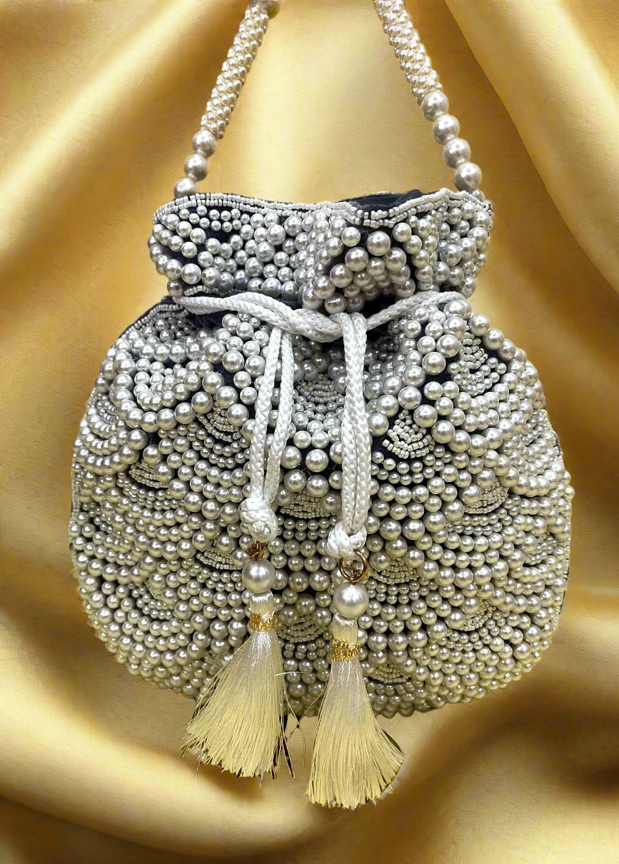Handmade Gray Pearl Beaded Potli Bag | Bridal Wedding Clutch Purse | Grey Drawstring Handbag | Bridesmaid Gift & Party Evening Bag