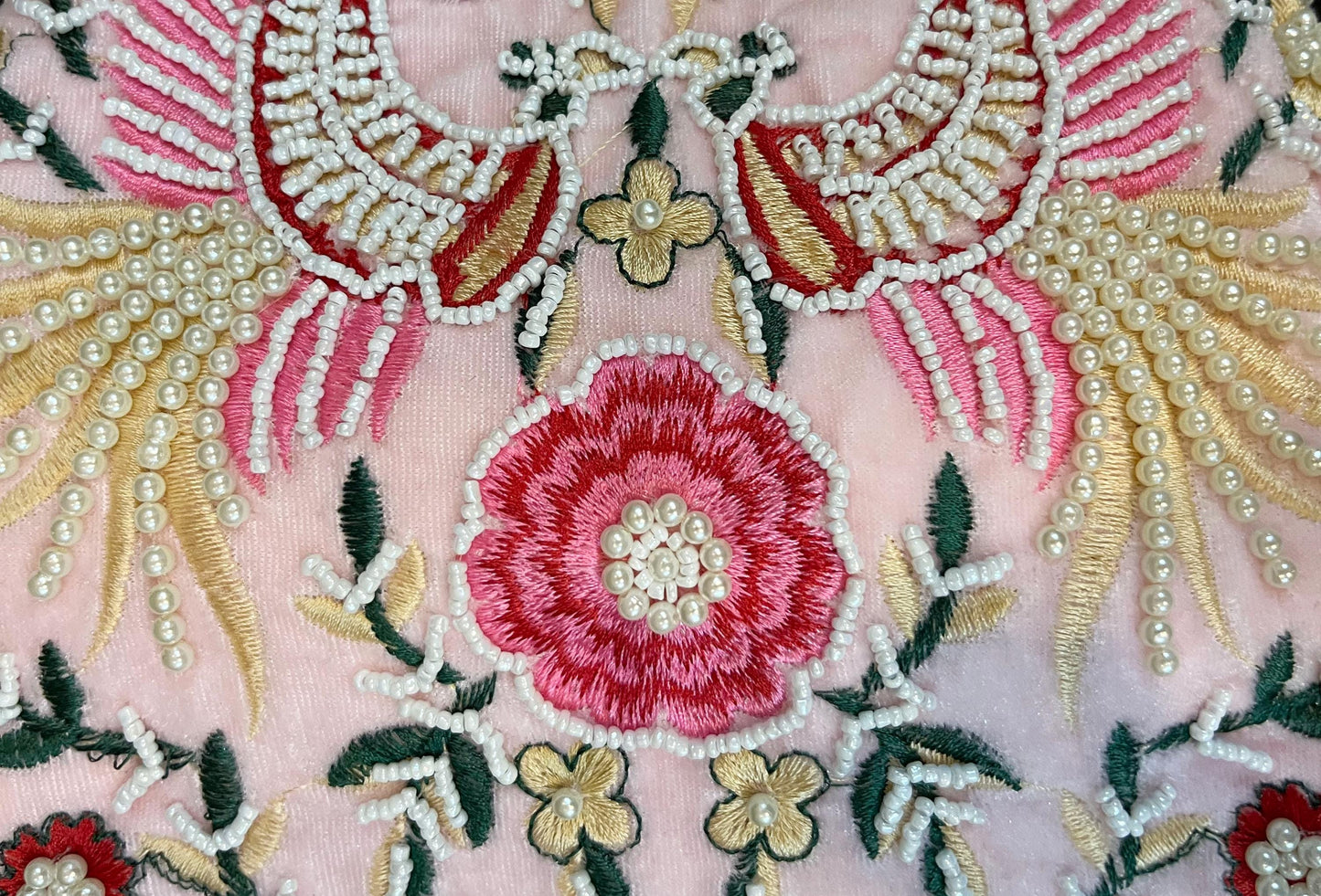 Hand Embroidered Pink Velvet Potli Bag: Pearl Handle Clutch