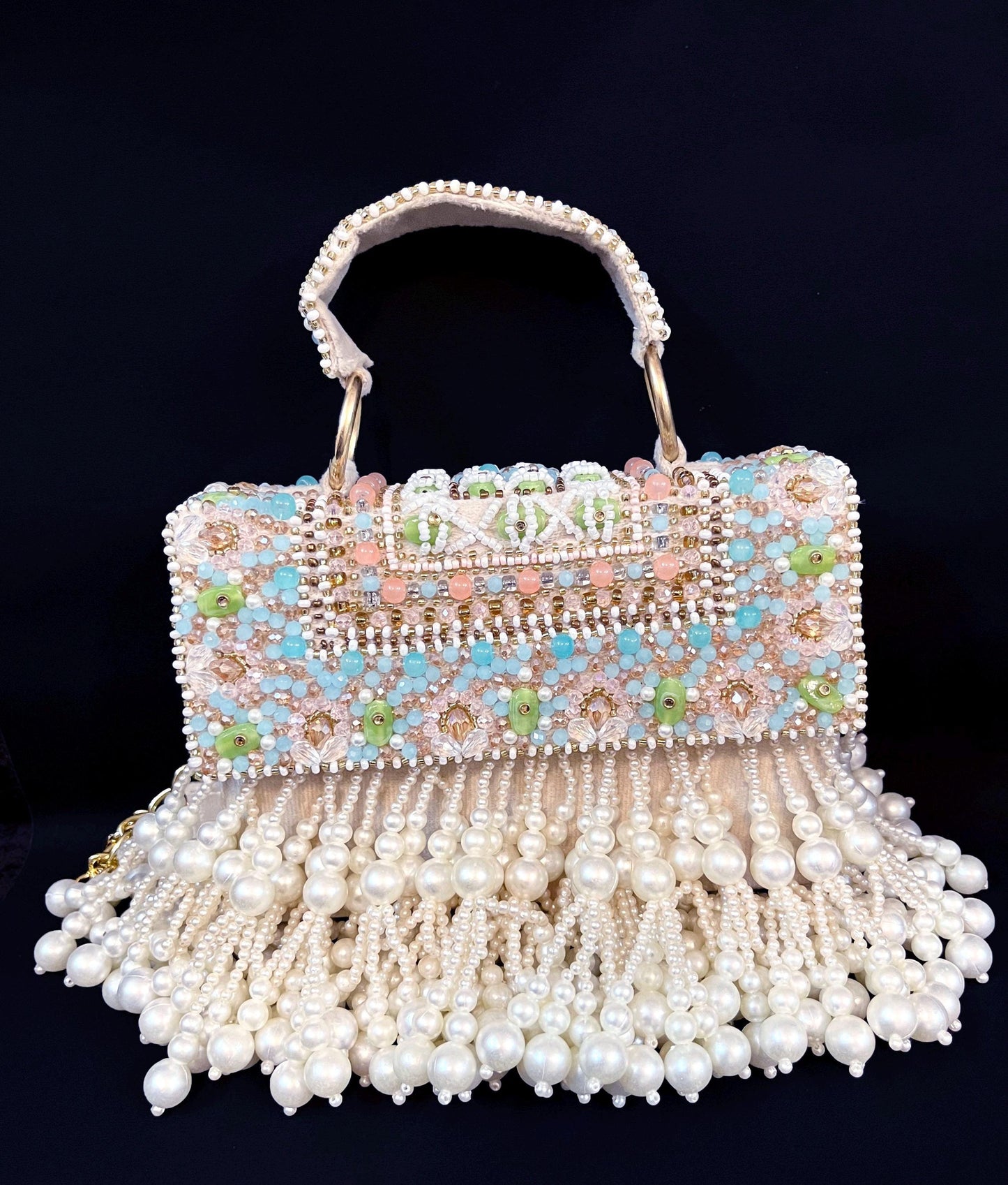 Handmade Beaded Pearl Fringe Clutch Bag | Mermaid Box Bag | Designer Wedding Handbag | Bridal Party Purse with Chain Strap | Luxury Evening Shoulder Bag