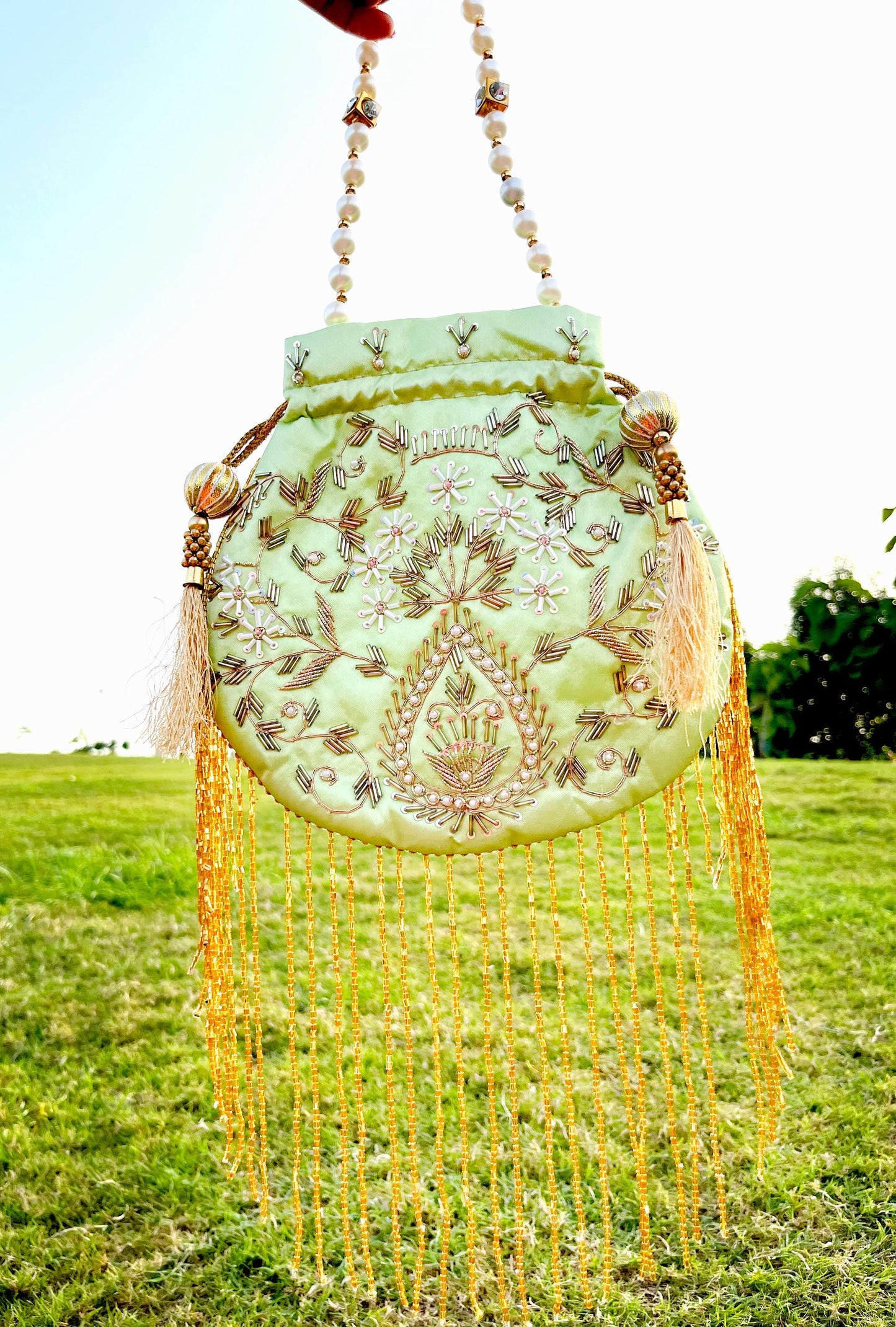 Hand-Embroidered Green Potli Bag with Pearl Handle | Green Zardosi Potli Bag | Beaded India | Bridsl potli pursen Wedding Favor Purse