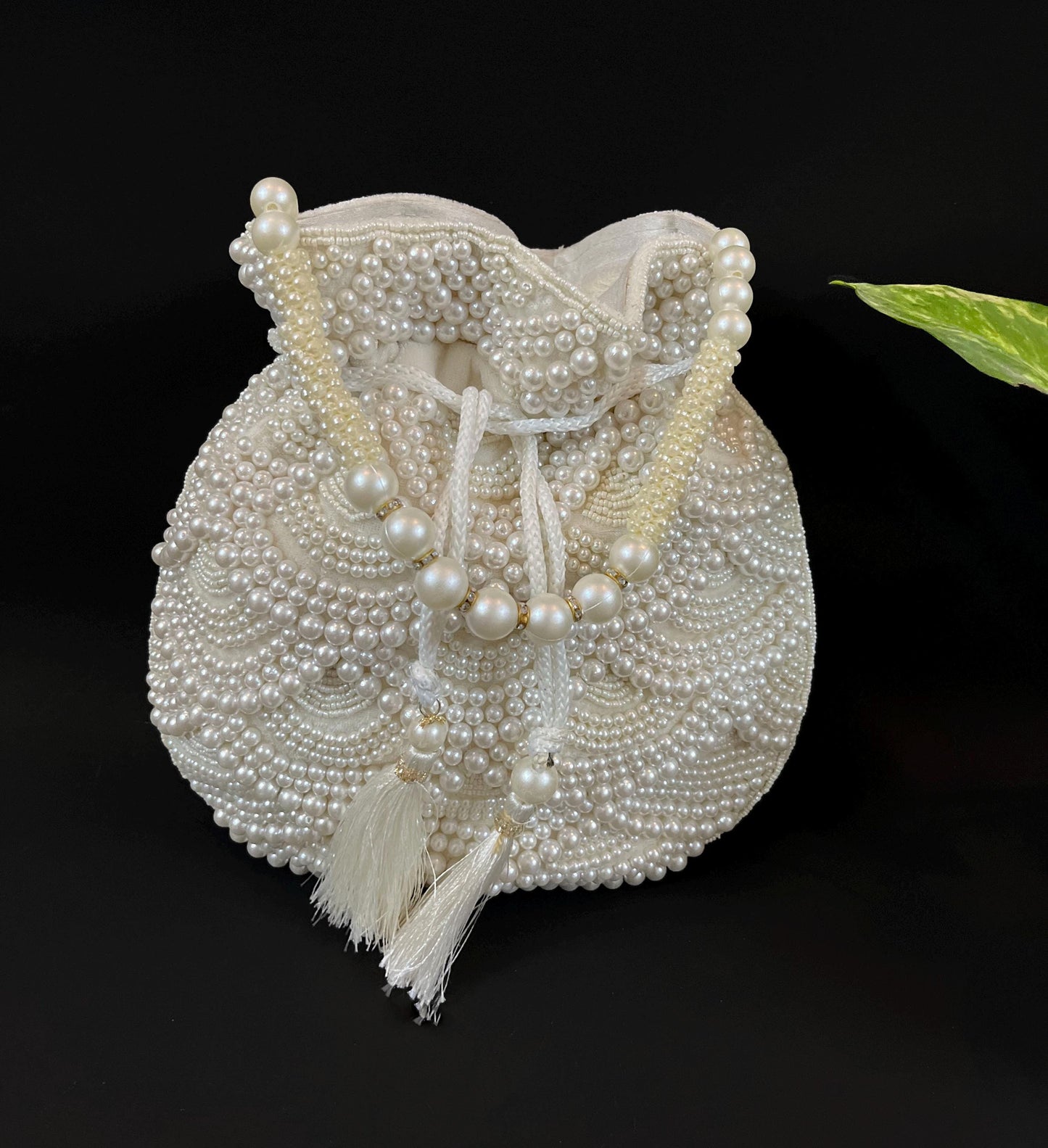 Handmade Off-White Pearl Beaded Potli Bag | Bridal Wedding Clutch Purse | Off-White Drawstring Handbag | Bridesmaid Gift & Party Evening Bag