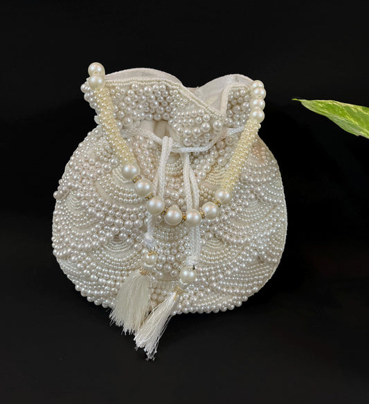 Handmade Off-White Pearl Beaded Potli Bag | Bridal Wedding Clutch Purse | Off-White Drawstring Handbag | Bridesmaid Gift & Party Evening Bag