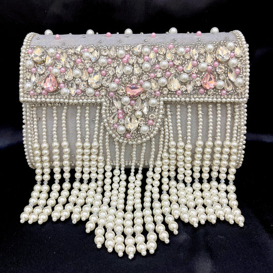 Handmade Pearl & Crystal Beaded Clutch Bag | Grey & Ivory Bridal Purse with Fringe | Wedding Evening Handbag | Luxury Party Clutch
