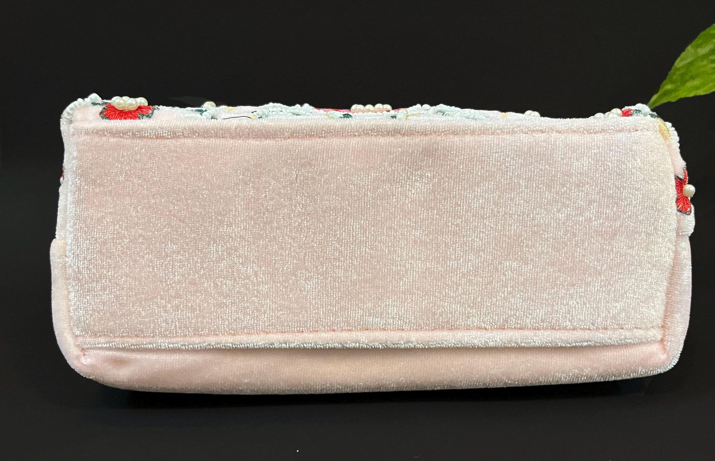 Hand Embroidered Pink Velvet Potli Bag: Pearl Handle Clutch