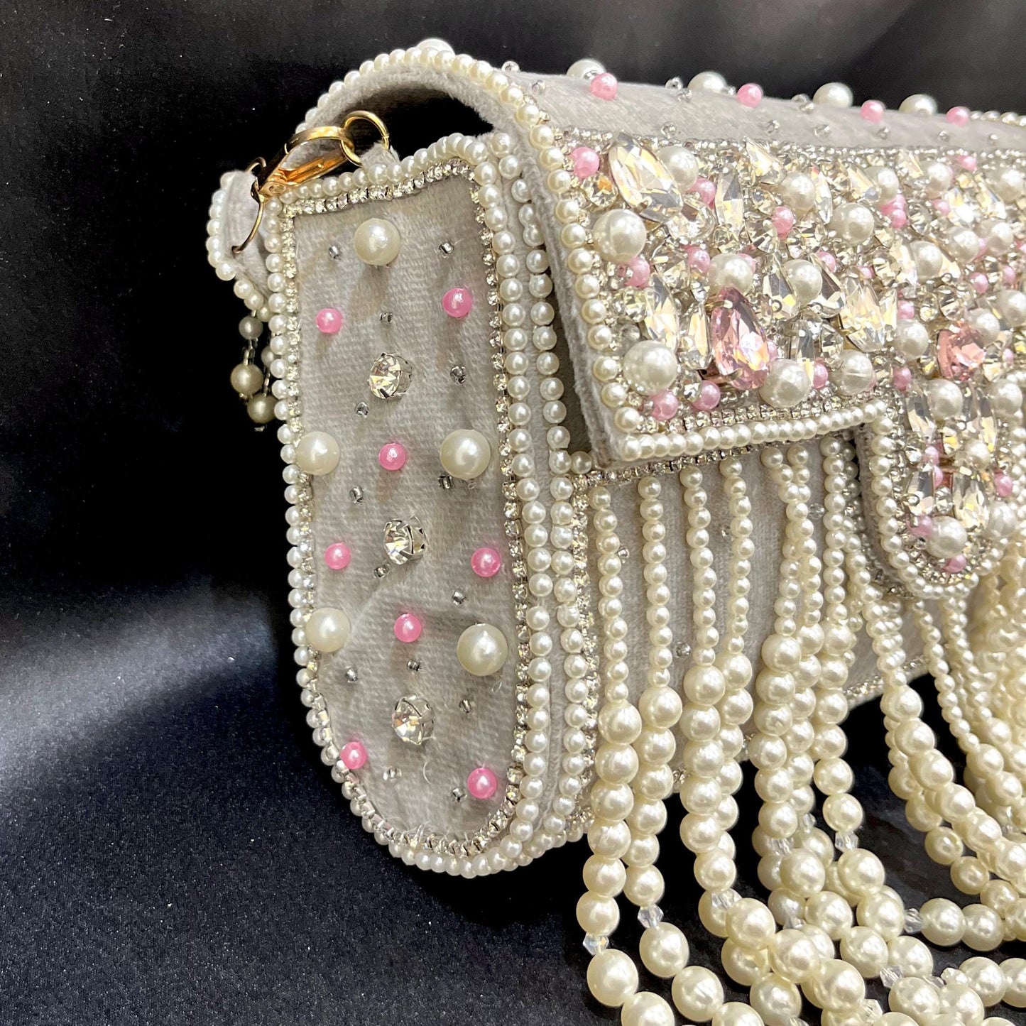 Handmade Pearl & Crystal Beaded Clutch Bag | Grey & Ivory Bridal Purse with Fringe | Wedding Evening Handbag | Luxury Party Clutch