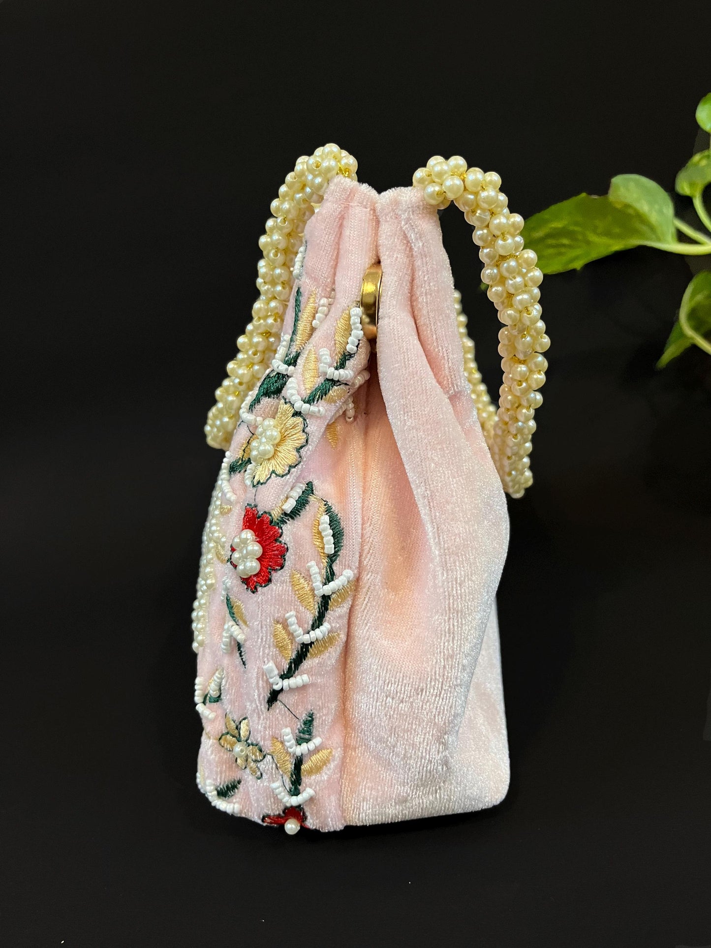 Hand Embroidered Pink Velvet Potli Bag: Pearl Handle Clutch