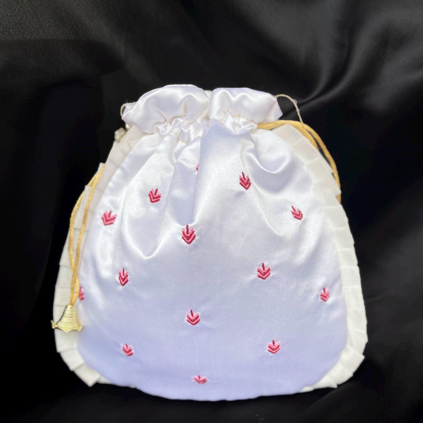 Hand Embroidered Shrinathji Potli Bag | White Pearl Beaded Bridal Drawstring Pouch for Weddings & Festive Wear