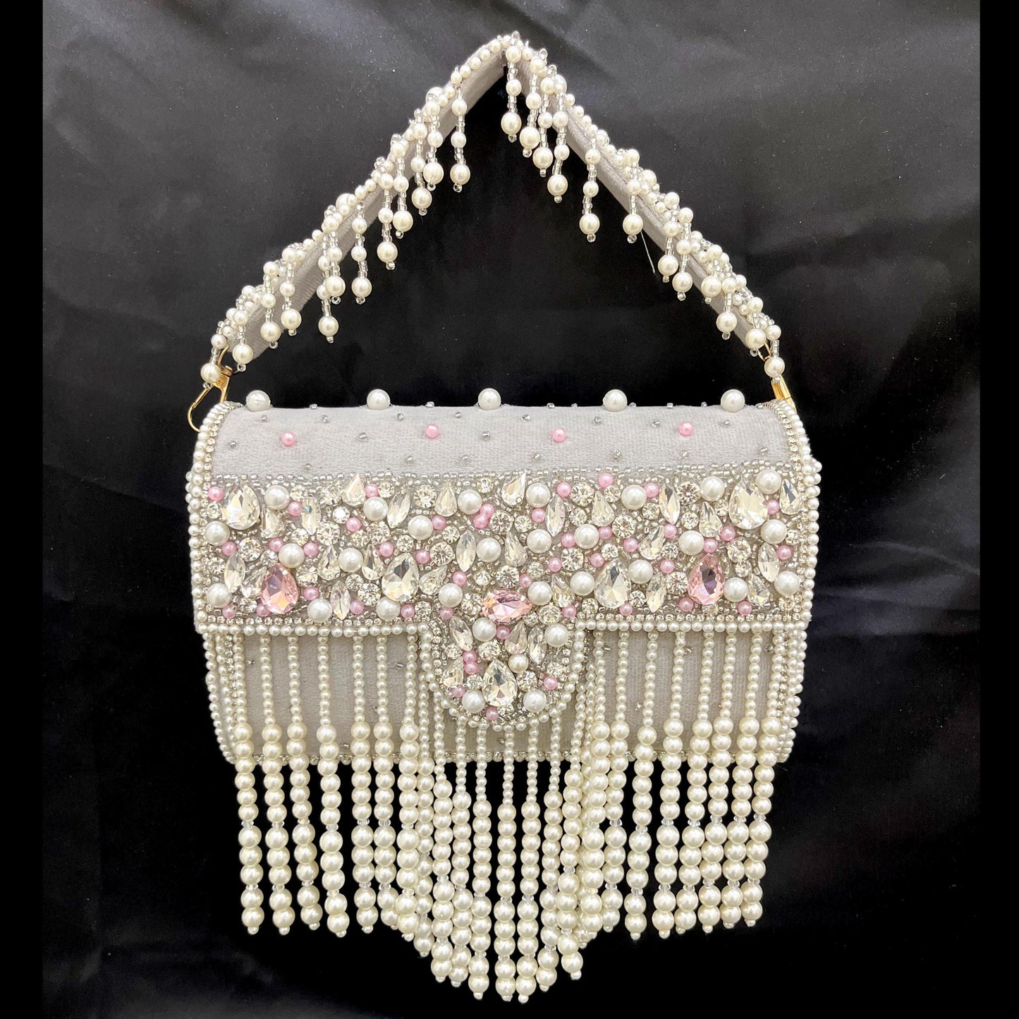 Handmade Pearl & Crystal Beaded Clutch Bag | Grey & Ivory Bridal Purse with Fringe | Wedding Evening Handbag | Luxury Party Clutch