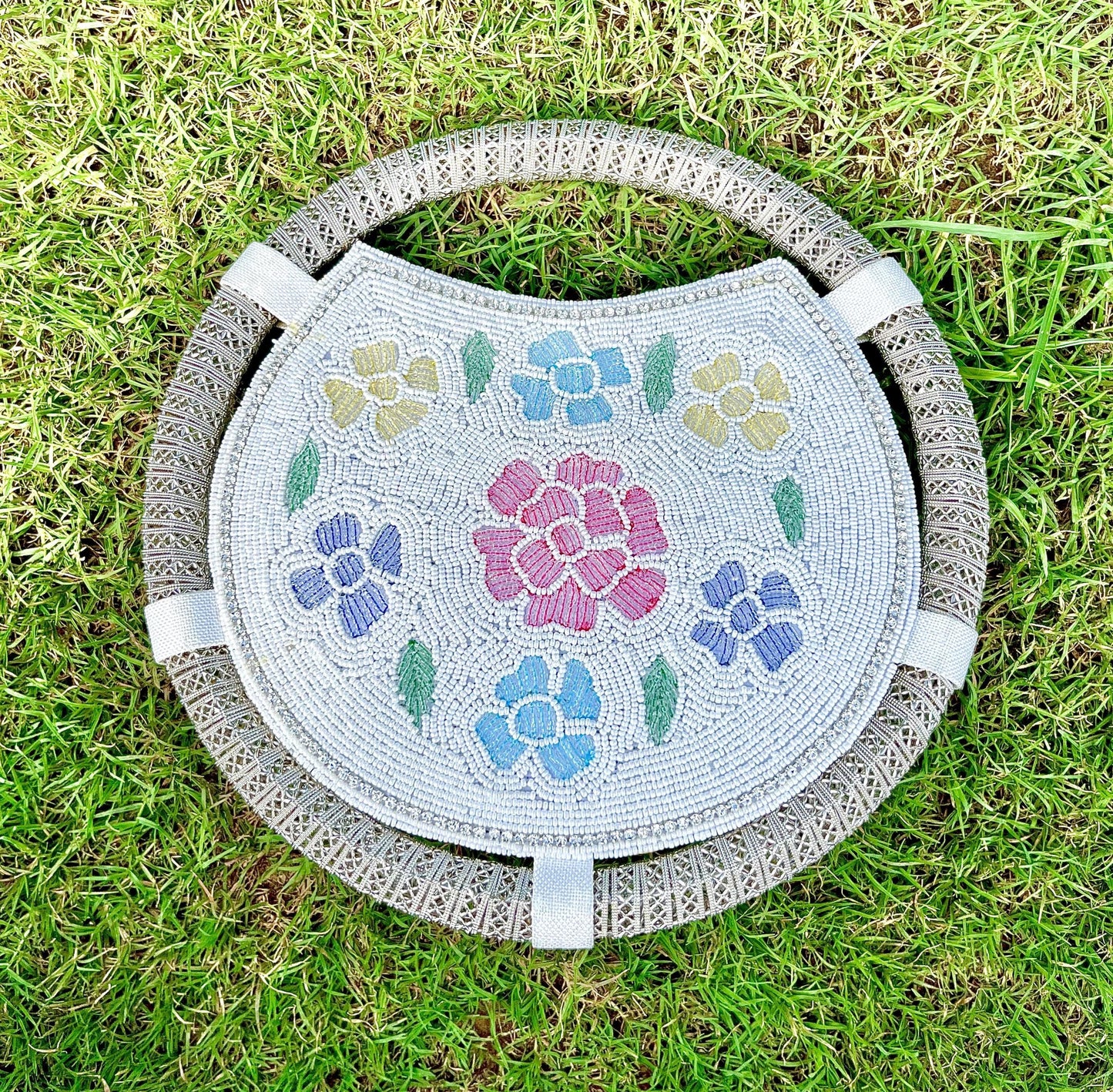 White Beaded Floral Handbag: Round Wedding Clutch with Sling Chain