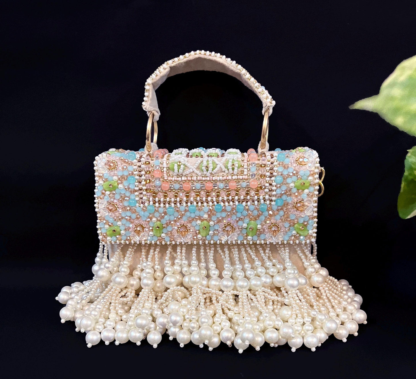 Handmade Beaded Pearl Fringe Clutch Bag | Mermaid Box Bag | Designer Wedding Handbag | Bridal Party Purse with Chain Strap | Luxury Evening Shoulder Bag