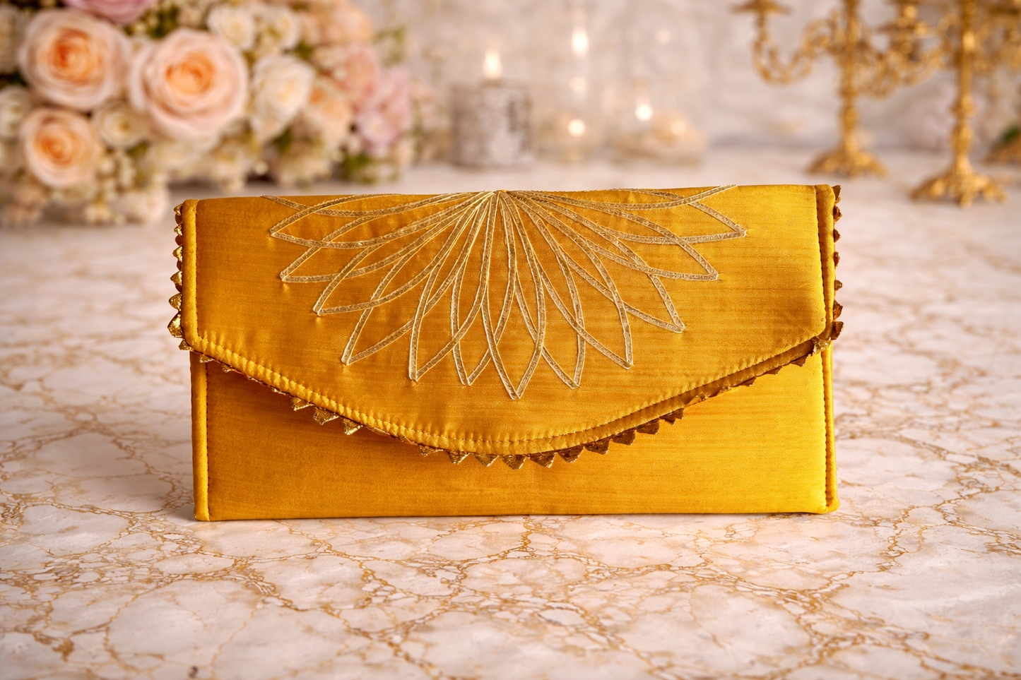 Yellow clutch with intricate design