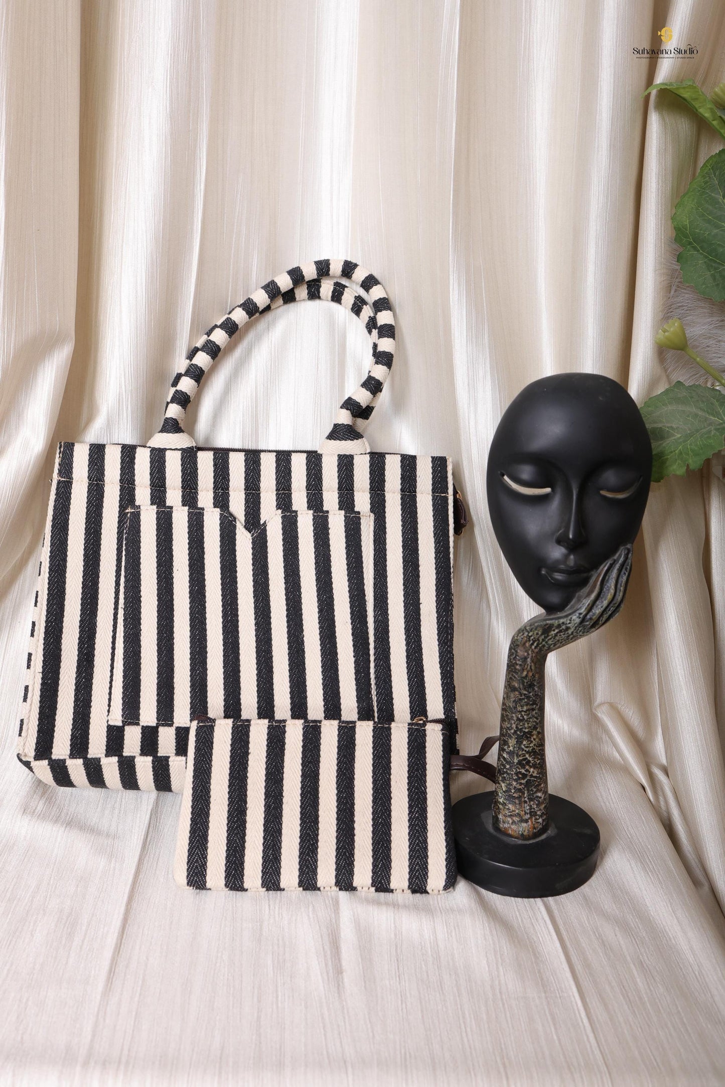Handcrafted Black & Ivory Striped Tote Bag with Pouch for Everyday Use | Ayaana Creations