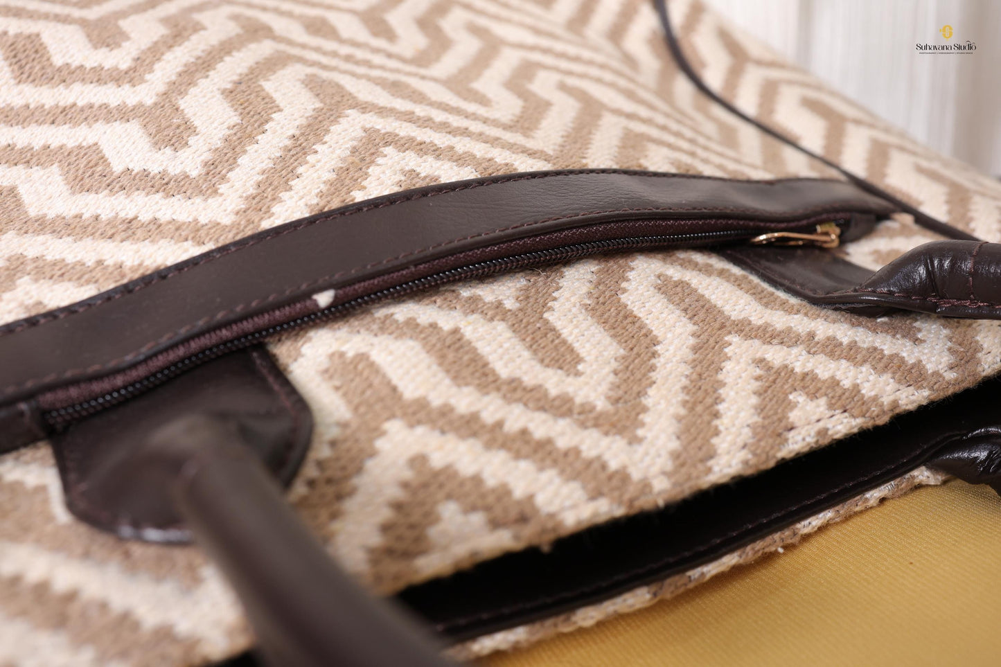 Beige Geometric Tote Bag with Zipper Pouch | Handmade Fabric Shoulder Bag for Daily Use, Work & Travel