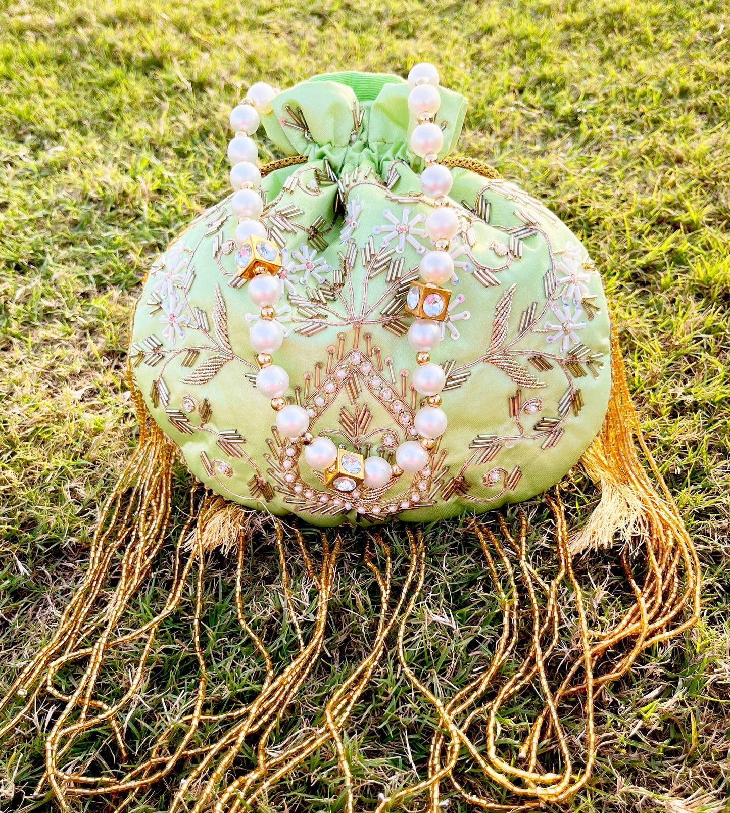 Hand-Embroidered Green Potli Bag with Pearl Handle | Green Zardosi Potli Bag | Beaded India | Bridsl potli pursen Wedding Favor Purse