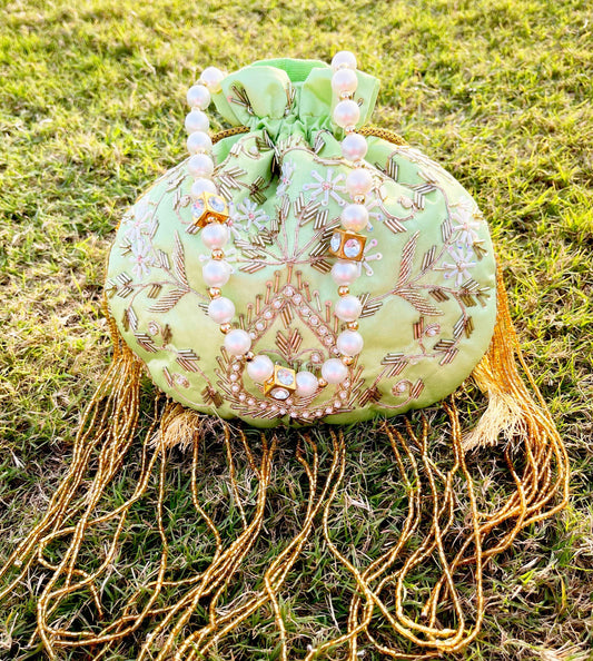 Hand-Embroidered Green Potli Bag with Pearl Handle | Green Zardosi Potli Bag | Beaded India | Bridsl potli pursen Wedding Favor Purse