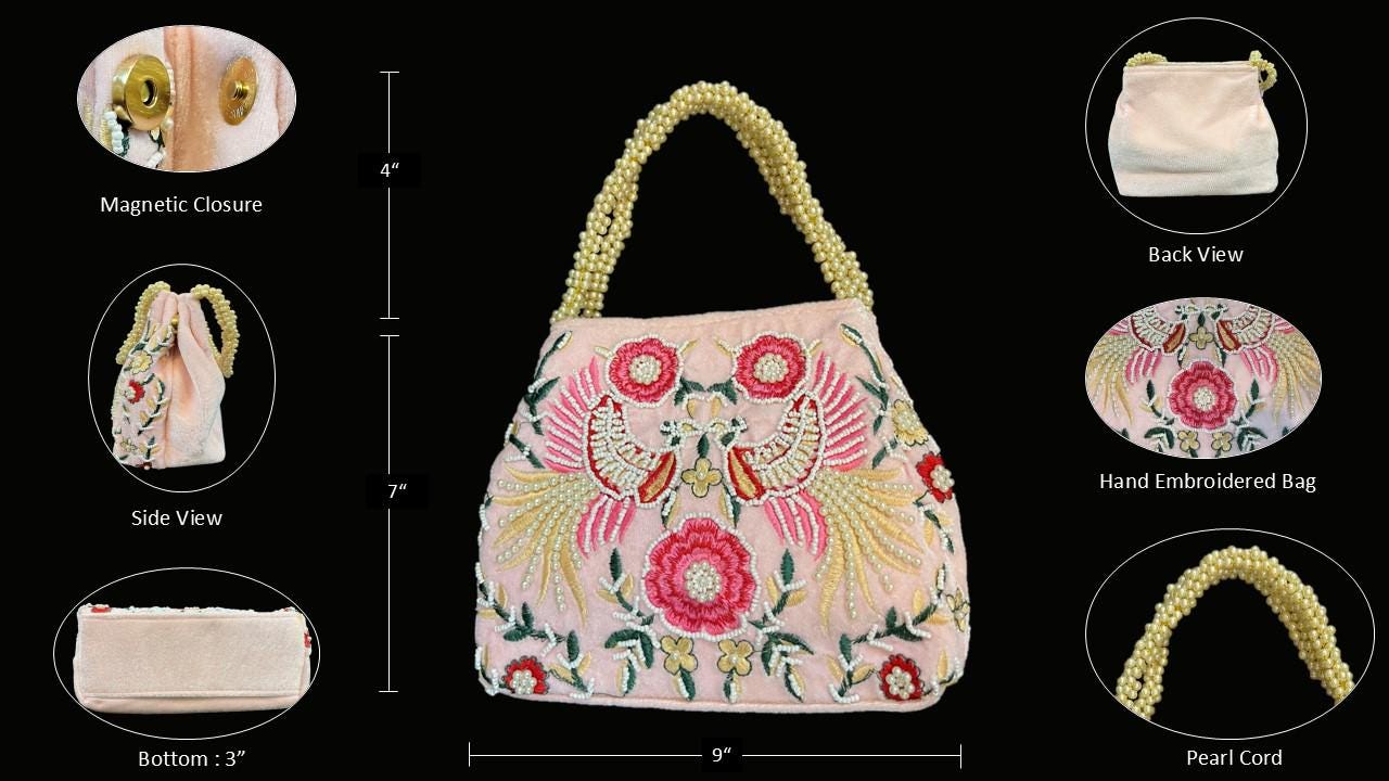 Hand Embroidered Pink Velvet Potli Bag: Pearl Handle Clutch