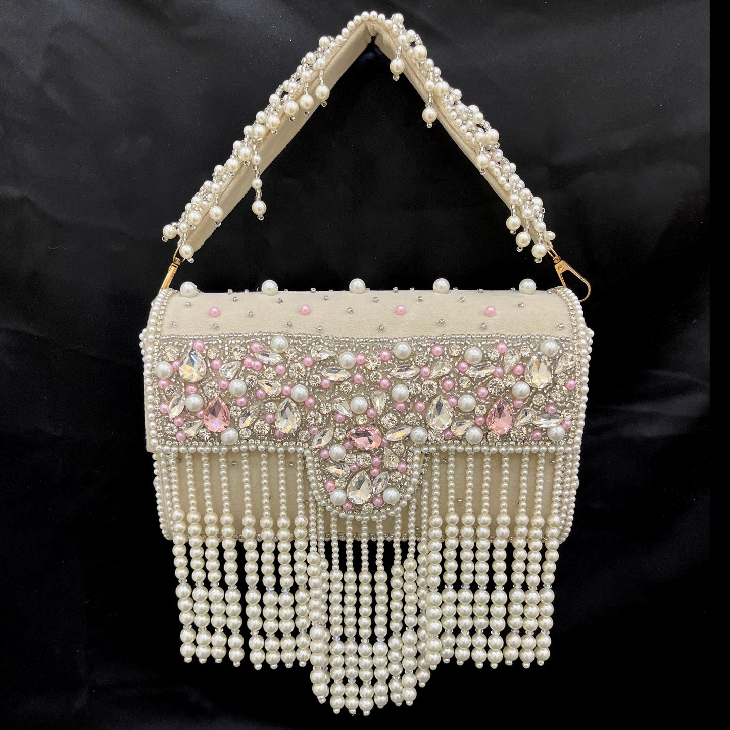 Handmade Pearl & Crystal Beaded Clutch Bag | Grey & Ivory Bridal Purse with Fringe | Wedding Evening Handbag | Luxury Party Clutch