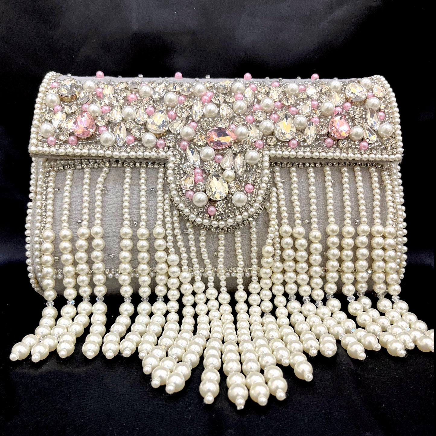 Handmade Pearl & Crystal Beaded Clutch Bag | Grey & Ivory Bridal Purse with Fringe | Wedding Evening Handbag | Luxury Party Clutch