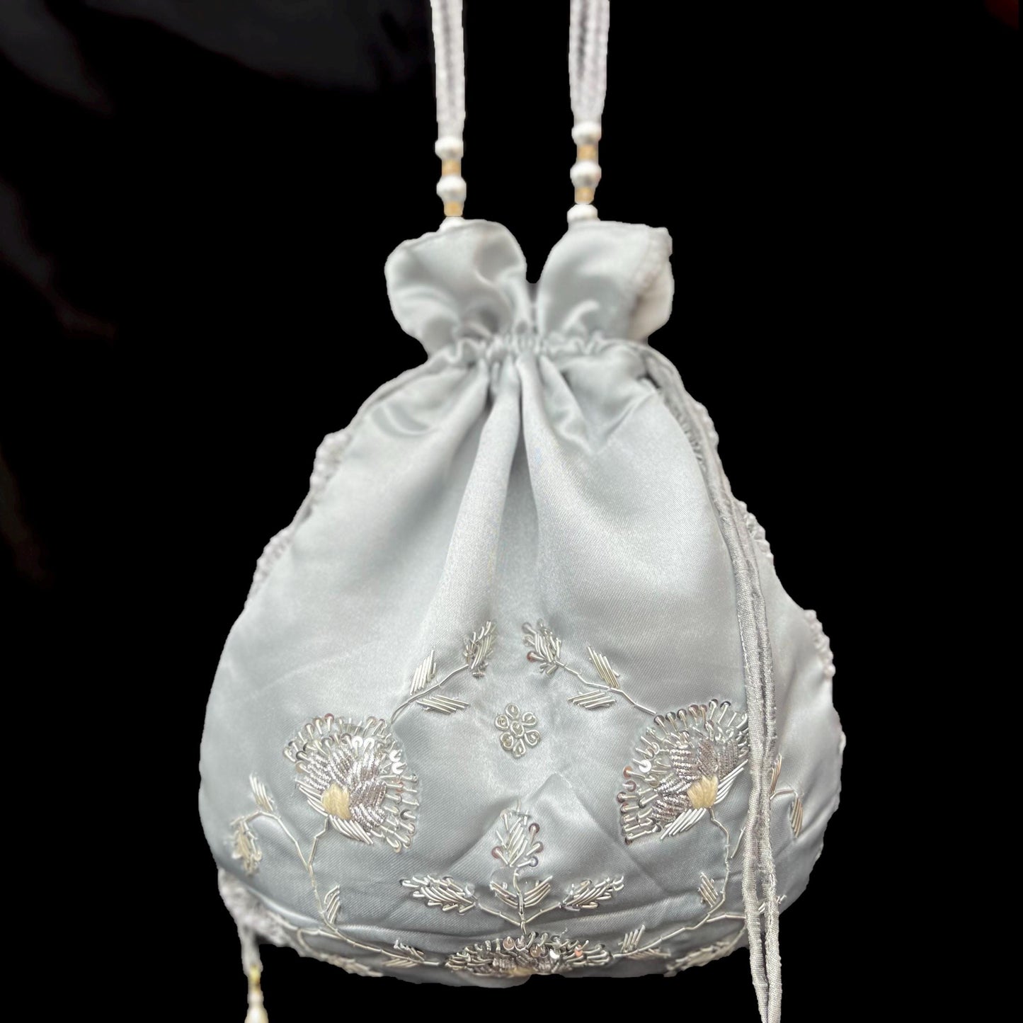 Silver Embroidered Potli Bag: Beaded Indian Wedding Clutch