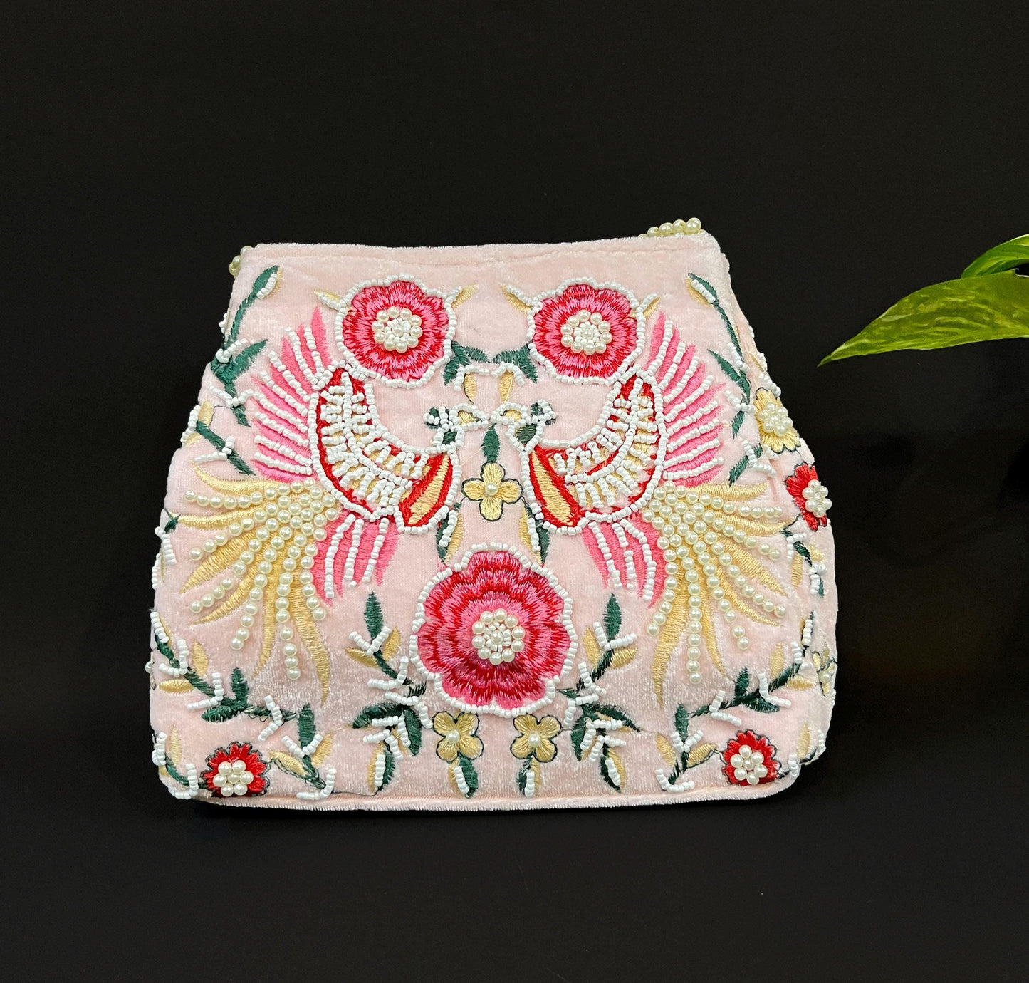 Hand Embroidered Pink Velvet Potli Bag: Pearl Handle Clutch