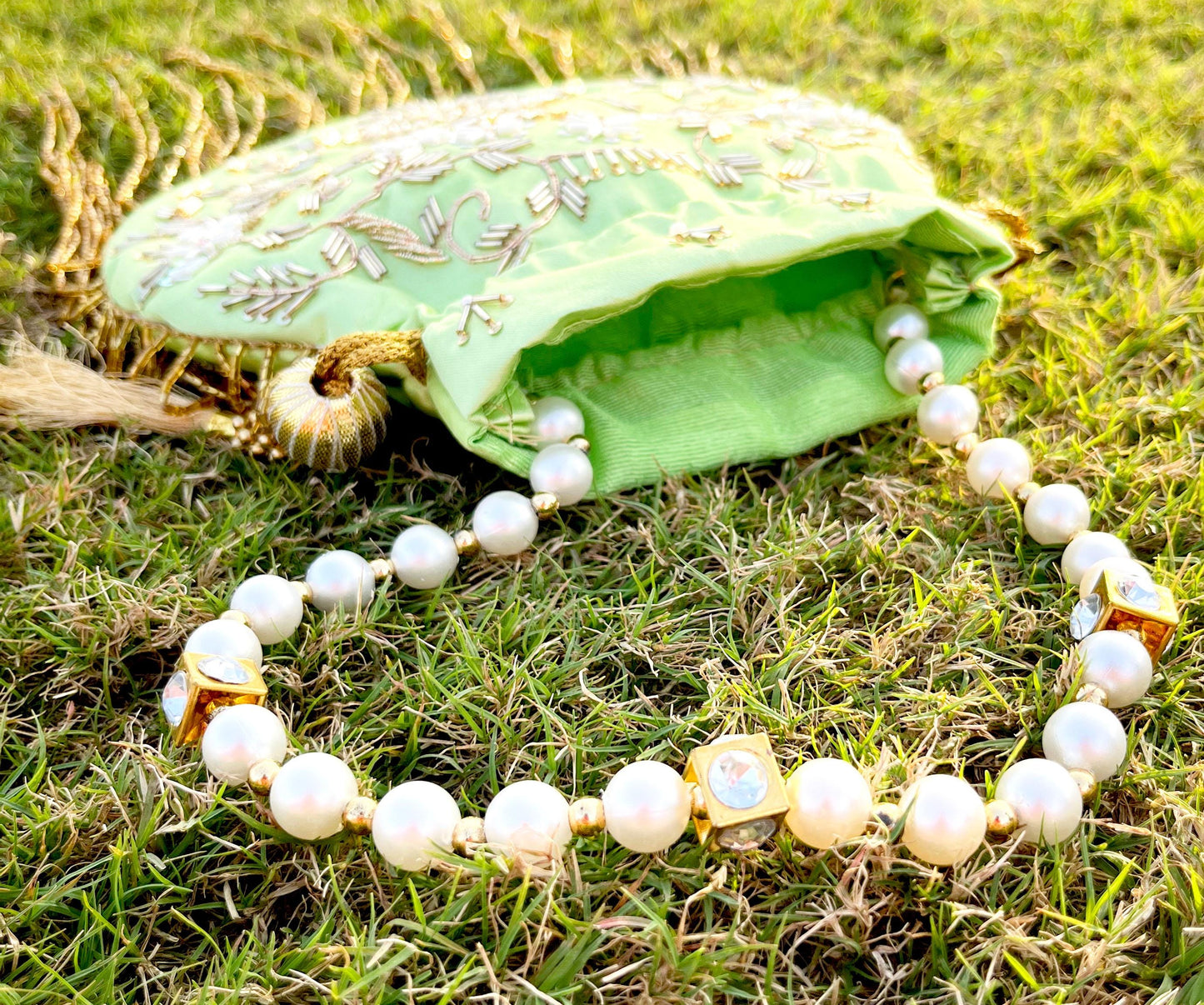 Hand-Embroidered Green Potli Bag with Pearl Handle | Green Zardosi Potli Bag | Beaded India | Bridsl potli pursen Wedding Favor Purse