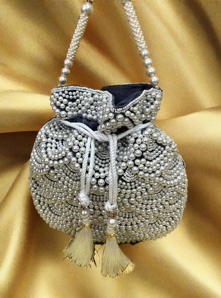 Handmade Gray Pearl Beaded Potli Bag | Bridal Wedding Clutch Purse | Grey Drawstring Handbag | Bridesmaid Gift & Party Evening Bag