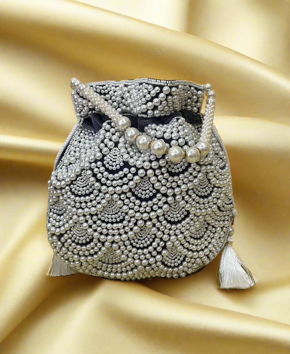 Handmade Gray Pearl Beaded Potli Bag | Bridal Wedding Clutch Purse | Grey Drawstring Handbag | Bridesmaid Gift & Party Evening Bag