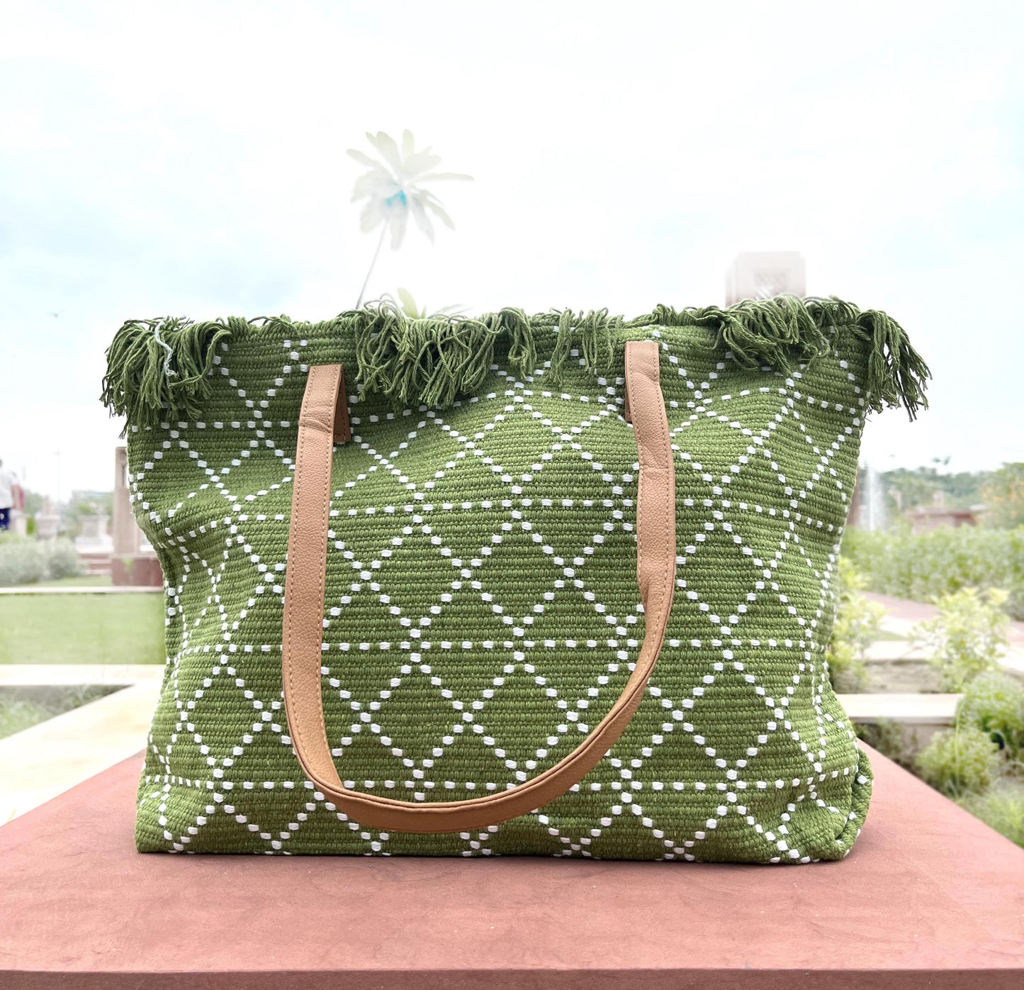 Fringe-Edge Canvas Tote Bag: Hand-Crafted Thread-Work Design