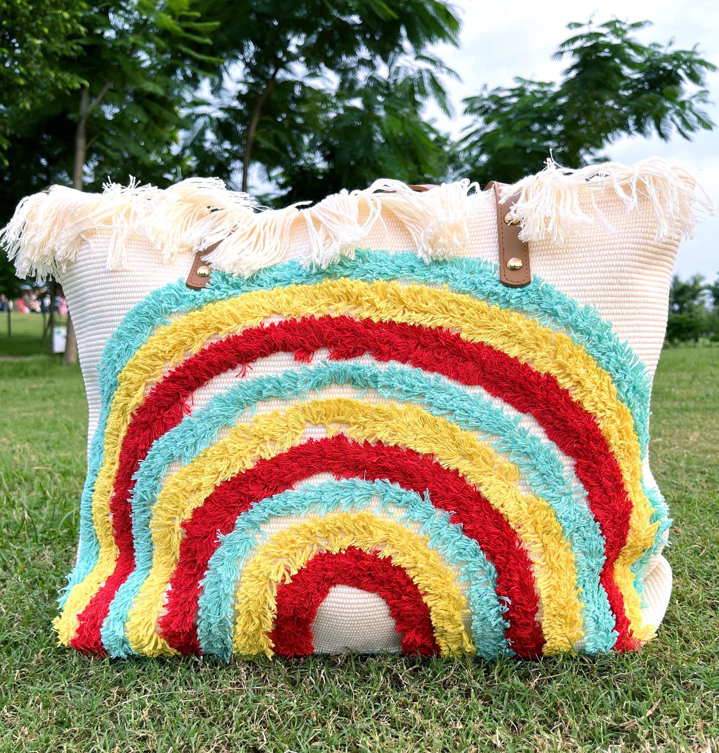 Handmade Rainbow Tote Bag: Fringed Canvas Beach Bag