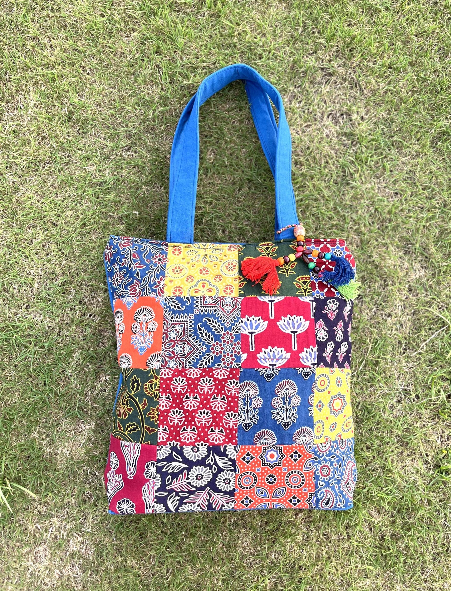 Handmade Ajrakh Print Tote Bag: Cotton Patchwork Shoulder Bag
