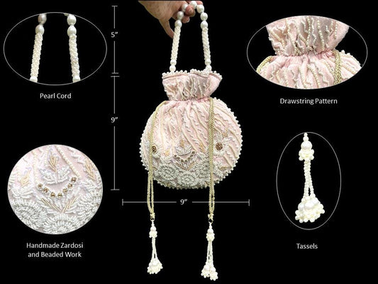 Blush Pink Bridal Potli Bag: Zardosi White Embroidered Pearl Handbag | Halloween Bag