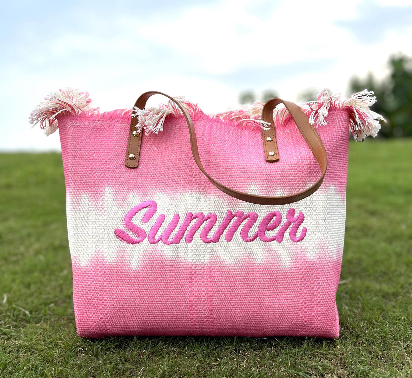 Handcrafted Canvas Tote Bag: Pink Ombre Summer Vibes with Fringe
