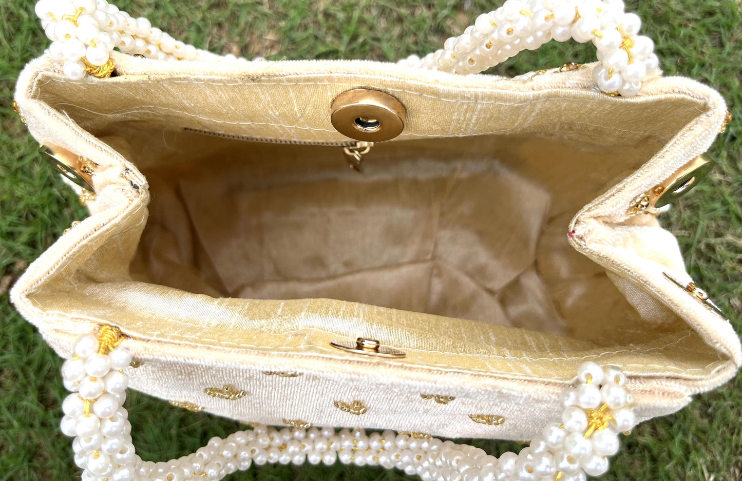 Hand Embroidered Beige Velvet Potli Bag: Wedding Clutch
