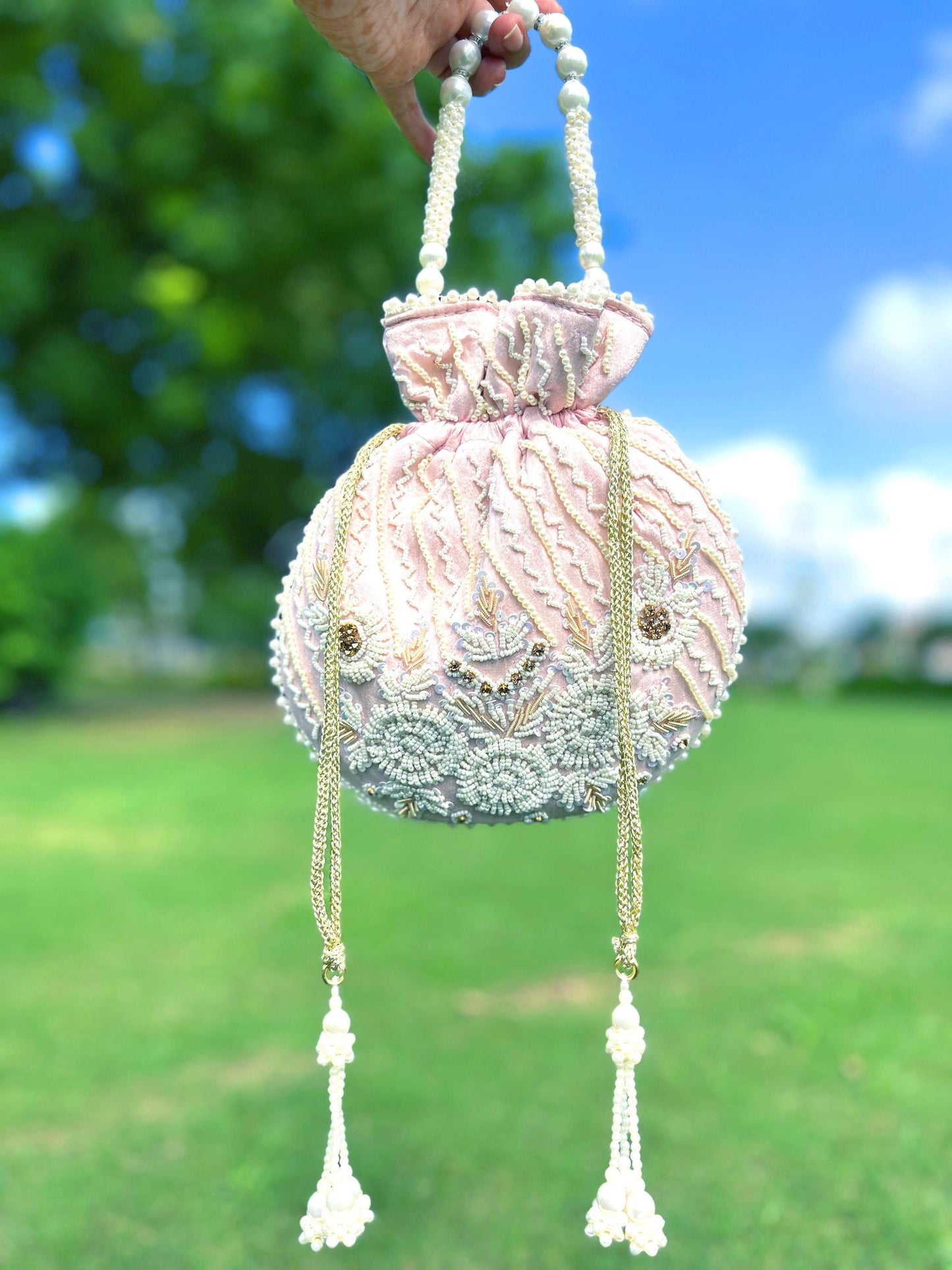 Blush Pink Bridal Potli Bag: Zardosi White Embroidered Pearl Handbag | Halloween Bag