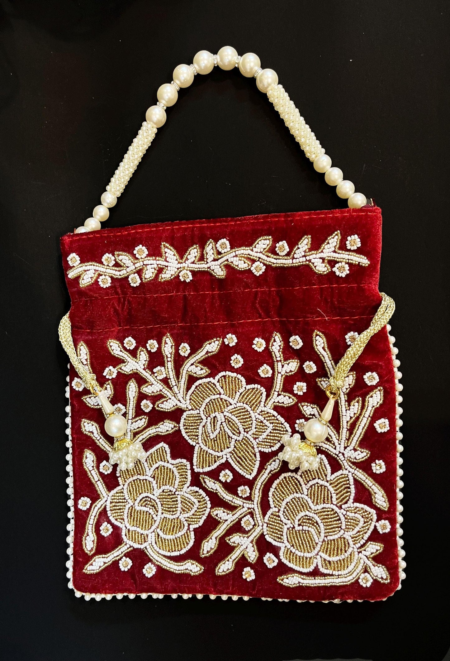 Embroidered Bridal Potli Bag: Maroon Beaded Wedding Purse with Pearl Handle