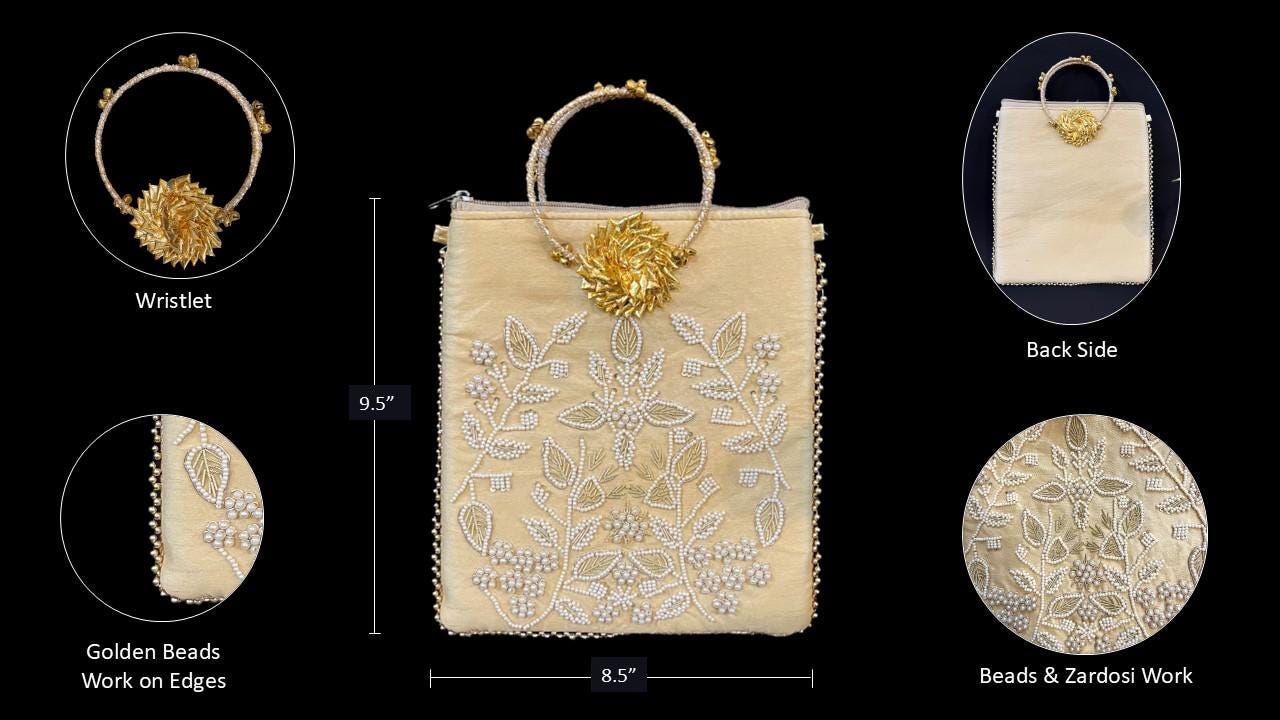 Embroidered Bridal Clutch: Handmade Beaded Wedding Handbag, Beige Potli Bag
